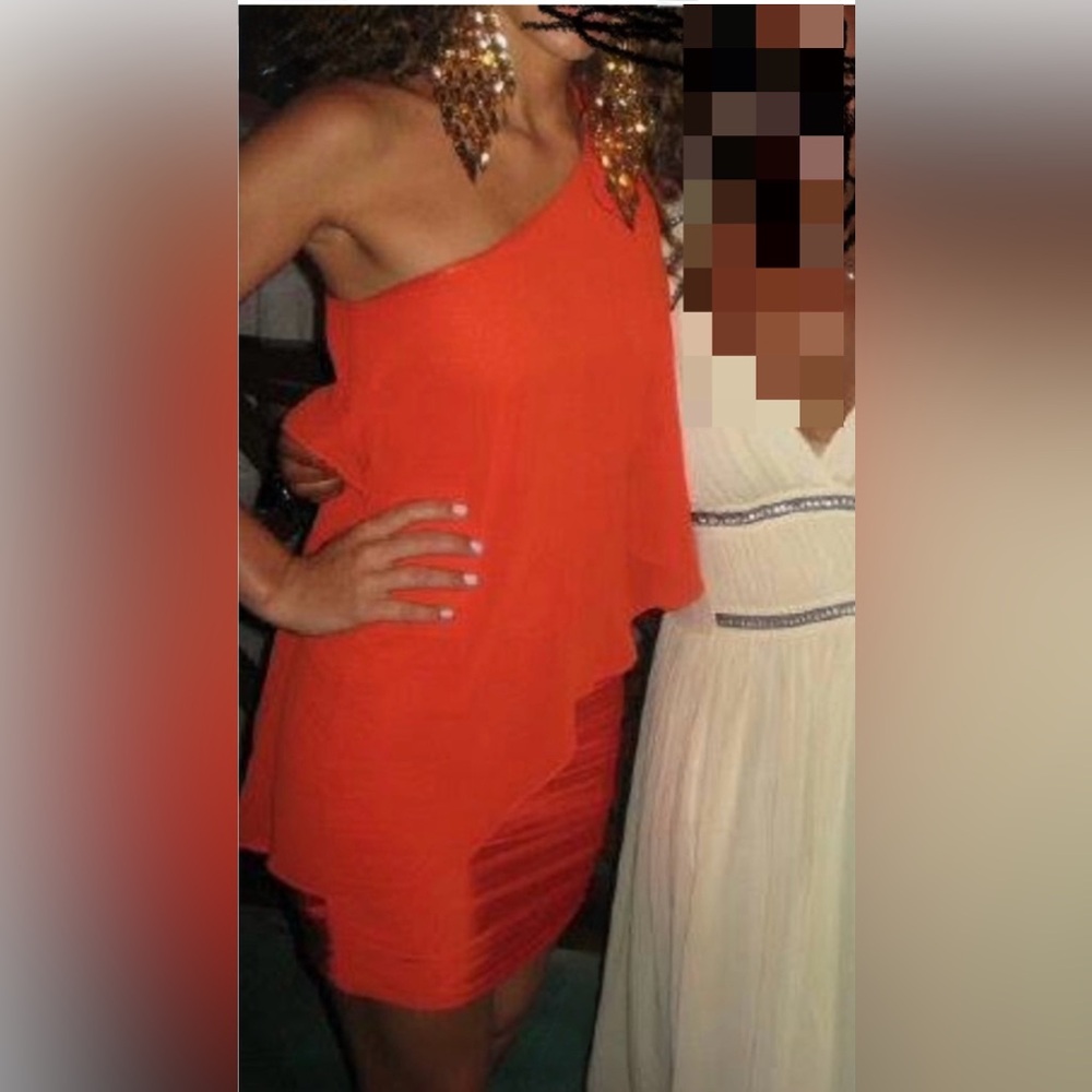 Bebe Red/ Orange One Shoulder Cocktail Dress - Picture 2 of 12